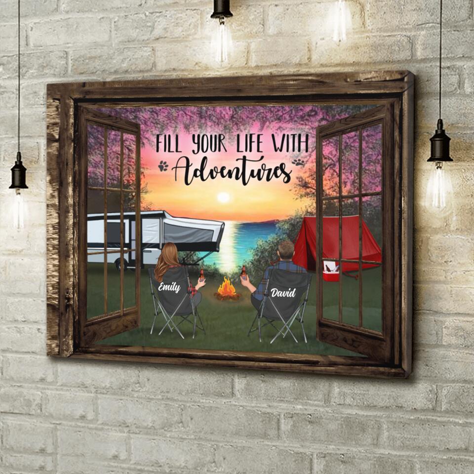 Personalized Camping Canvas - Gift Idea For The Whole Family/Couple/Camping Lover - Parents/Couple/Adult With Up to 3 Kids And 4 Pets - Fill Your Life With Adventures