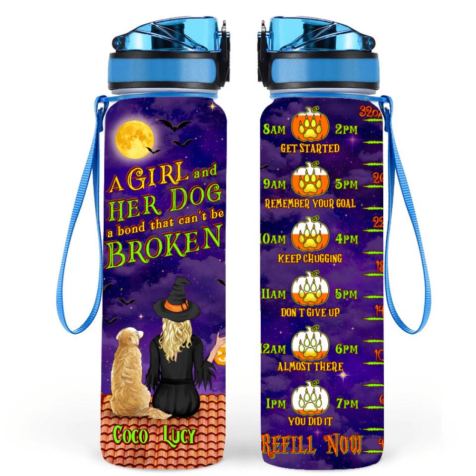Personalized Dog Witch Water Tracker Bottle - Up to 4 Dogs - Halloween Gift Idea For Dog Lover - A Girl And Her Dog - A Bond That Can't Be Broken