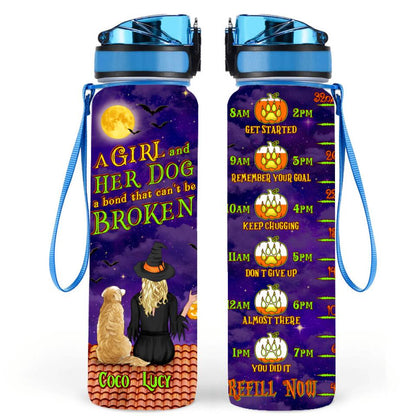 Personalized Dog Witch Water Tracker Bottle - Up to 4 Dogs - Halloween Gift Idea For Dog Lover - A Girl And Her Dog - A Bond That Can't Be Broken