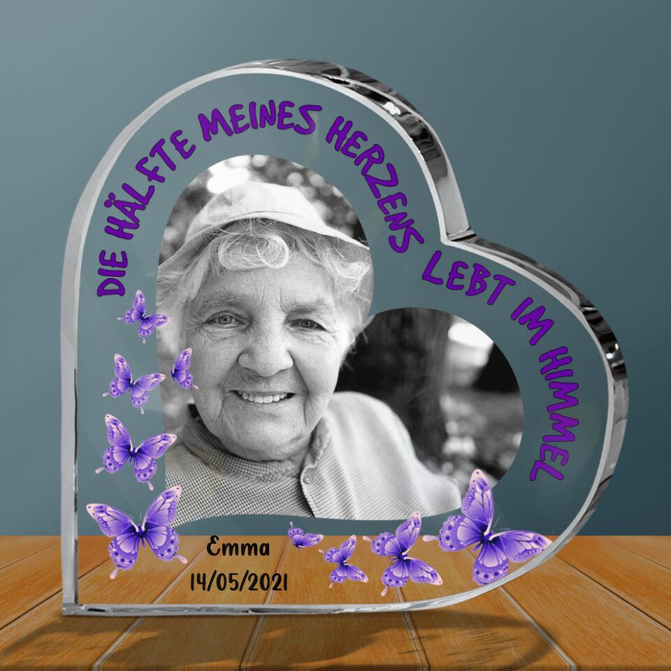 Personalized Memorial Acrylic Plaque - Upload Dad/Mom Photo - Germany Quotes - Die hälfte meines herzens lebt im himmel
