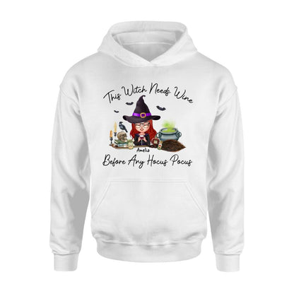 Personalized Witch T-shirt/Long Sleeve/Sweatshirt/Hoodie - Halloween Gift Idea - This Witch Needs Wine Before Any Hocus Pocus