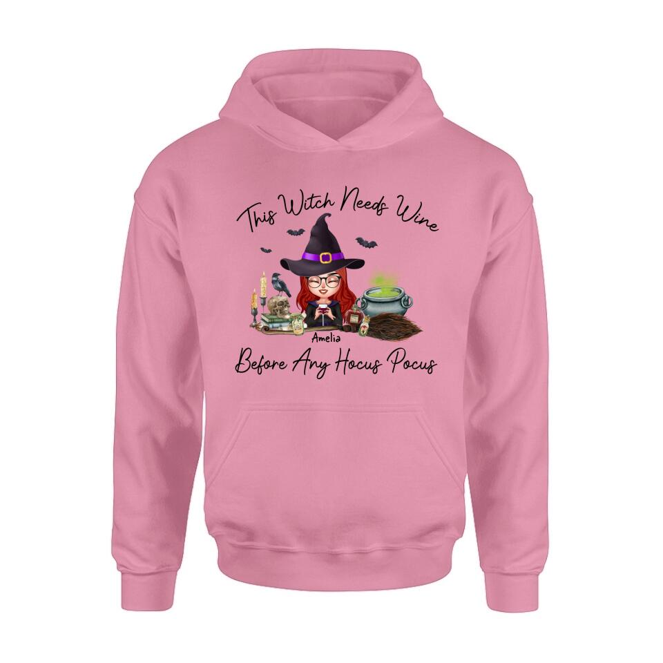 Personalized Witch T-shirt/Long Sleeve/Sweatshirt/Hoodie - Halloween Gift Idea - This Witch Needs Wine Before Any Hocus Pocus