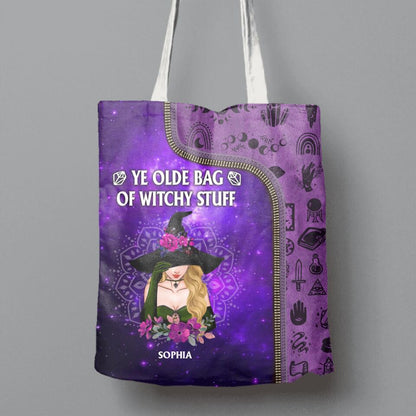 Custom Personalized Witch Canvas Bag - Gift Idea For Halloween - Ye Olde Bag Of Witchy Stuff