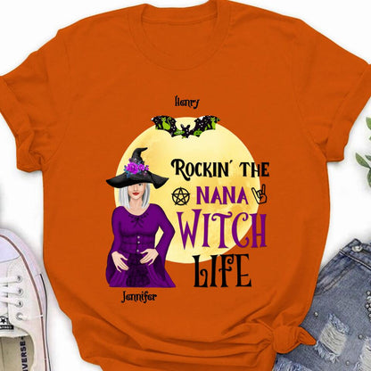 Personalized Halloween Shirt/Hoodie - Gift Idea For Halloween/Nana From Kids with up to 7 Kids - Rockin' The Nana Witch Life