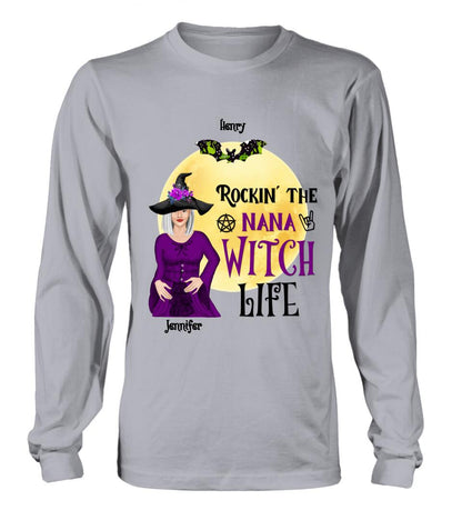 Personalized Halloween Shirt/Hoodie - Gift Idea For Halloween/Nana From Kids with up to 7 Kids - Rockin' The Nana Witch Life