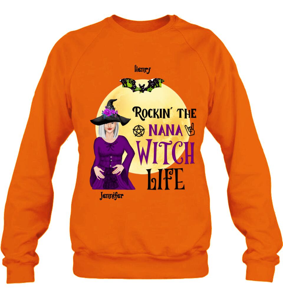 Personalized Halloween Shirt/Hoodie - Gift Idea For Halloween/Nana From Kids with up to 7 Kids - Rockin' The Nana Witch Life