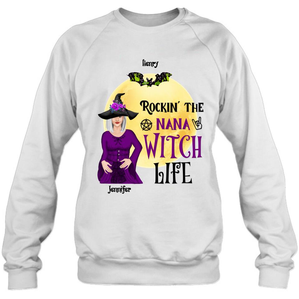 Personalized Halloween Shirt/Hoodie - Gift Idea For Halloween/Nana From Kids with up to 7 Kids - Rockin' The Nana Witch Life