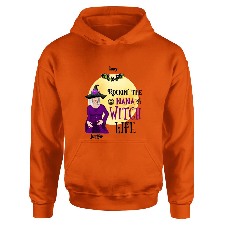 Personalized Halloween Shirt/Hoodie - Gift Idea For Halloween/Nana From Kids with up to 7 Kids - Rockin' The Nana Witch Life