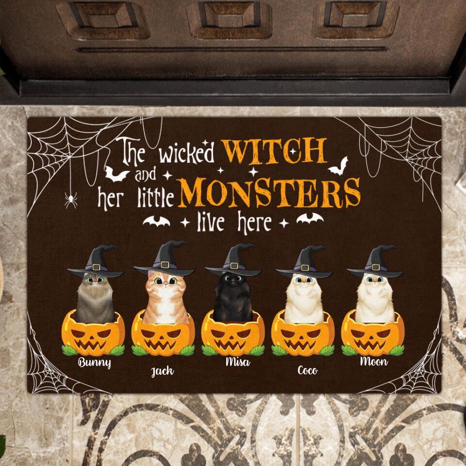 Personalized Halloween Cats Face Doormat - Up to 5 Cats - The Wicked Witch And Her Little Monsters Live Here