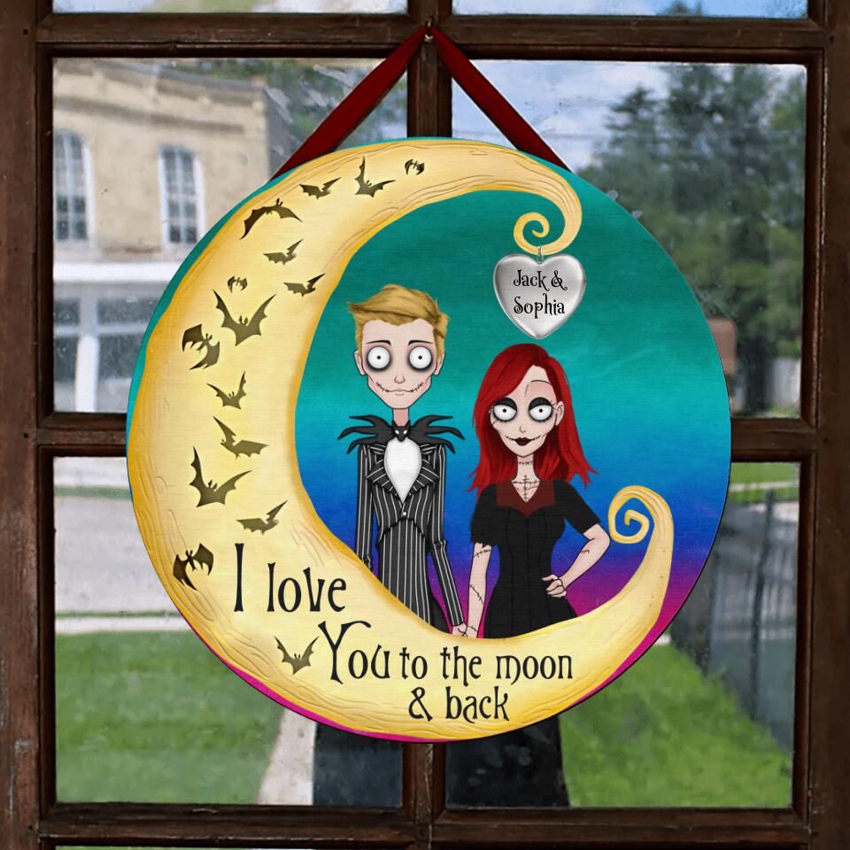Personalized Halloween Couple With Moon Wooden Sign - Gift Idea For Halloween/Couple - I Love You To The Moon & Back