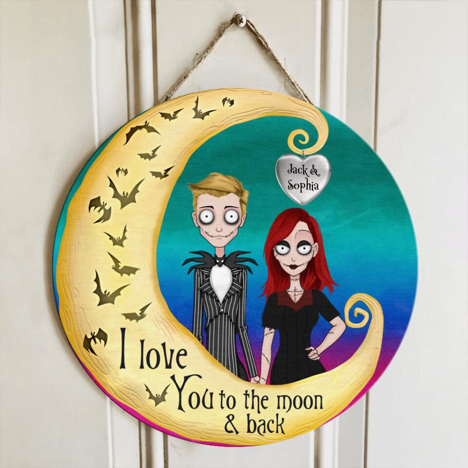 Personalized Halloween Couple With Moon Wooden Sign - Gift Idea For Halloween/Couple - I Love You To The Moon & Back