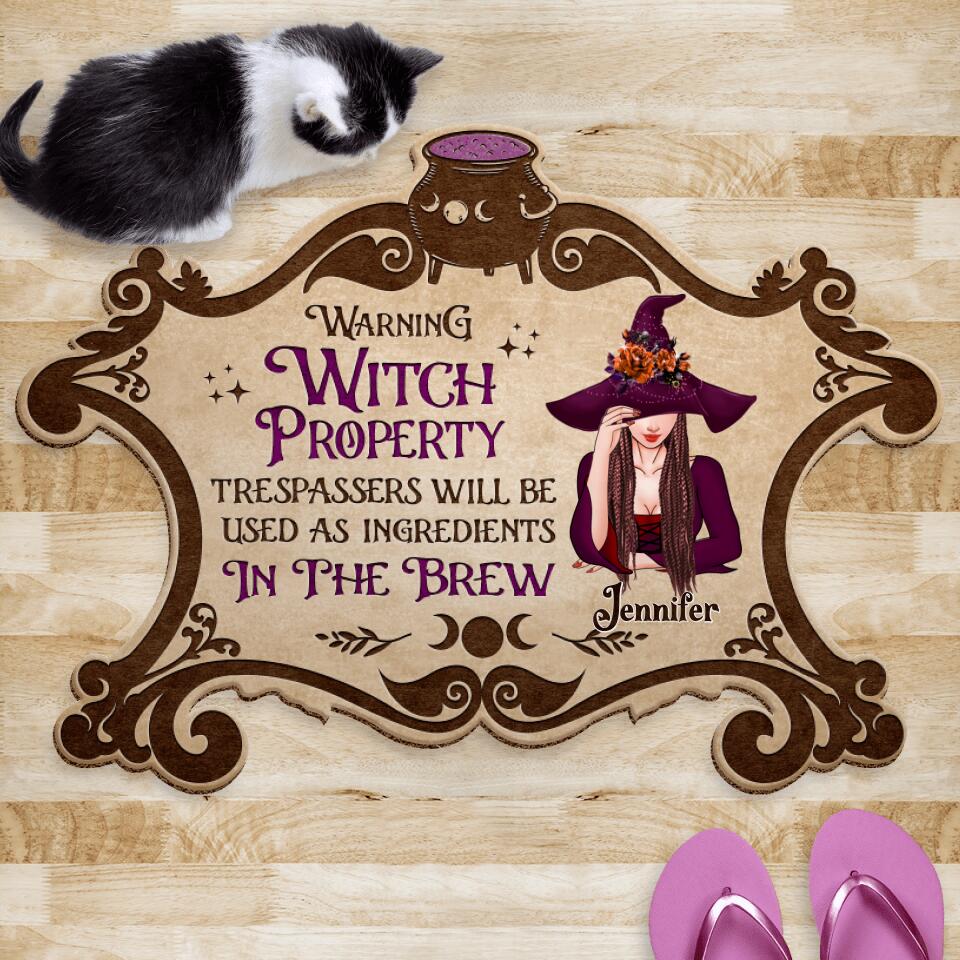 Personalized Witch Doormat - Gift Idea For Halloween/Home Decor - Warning Witch Property Trespassers Will Be Used As Ingredients In The Brew
