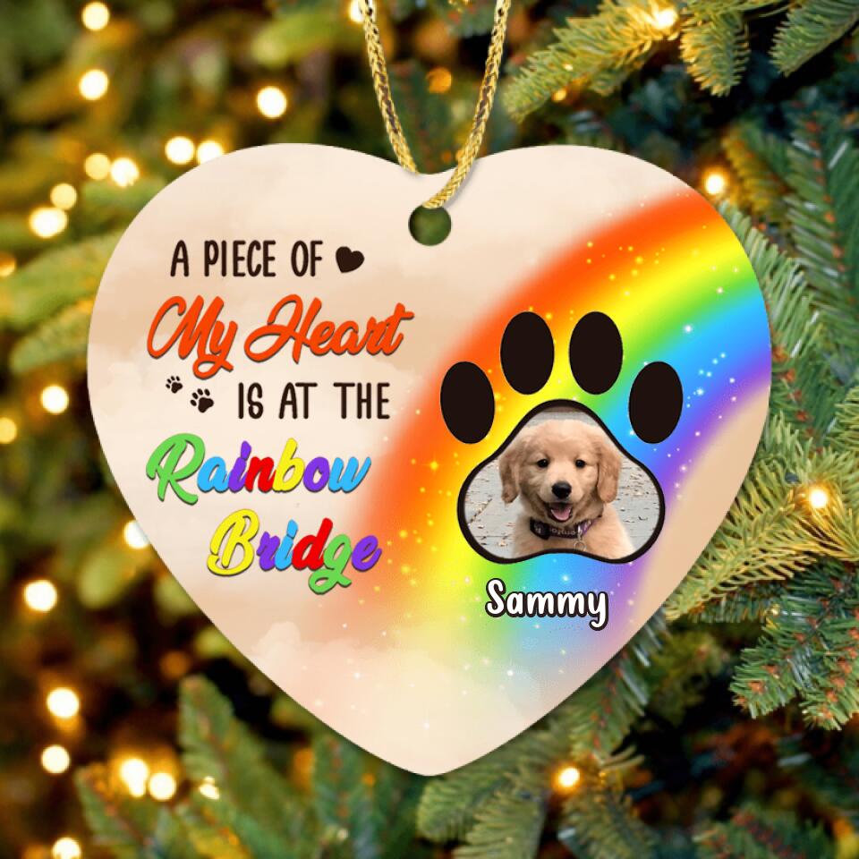 Personalized Memorial Photo Heart Ornament - Up to 3 Photos - Memorial Gift Idea For Christmas/Loss Of Dogs - A Piece Of My Heart Is At The Rainbow Bridge