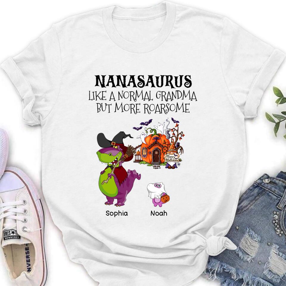 Personalized Nanasaurus T-shirt/Long Sleeve/Sweater/Hoodie - Gift Idea For Halloween/Grandma - Grandma With Up to 6 Kids - Nanasaurus Like A Normal Grandma But More RoarSome