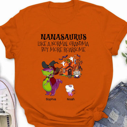 Personalized Nanasaurus T-shirt/Long Sleeve/Sweater/Hoodie - Gift Idea For Halloween/Grandma - Grandma With Up to 6 Kids - Nanasaurus Like A Normal Grandma But More RoarSome