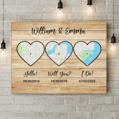 Custom Personalized Map Anniversary Canvas - Anniversary Gift Idea For Couple - Hello, Will You, I Do