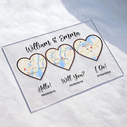 Personalized Map Anniversary Acrylic Plaque - Anniversary Gift Idea For Couple - Hello, Will You, I Do