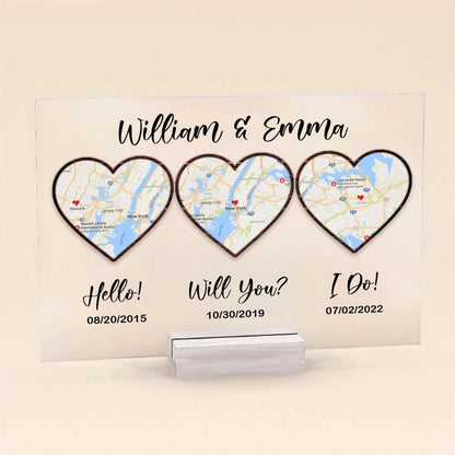 Personalized Map Anniversary Acrylic Plaque - Anniversary Gift Idea For Couple - Hello, Will You, I Do