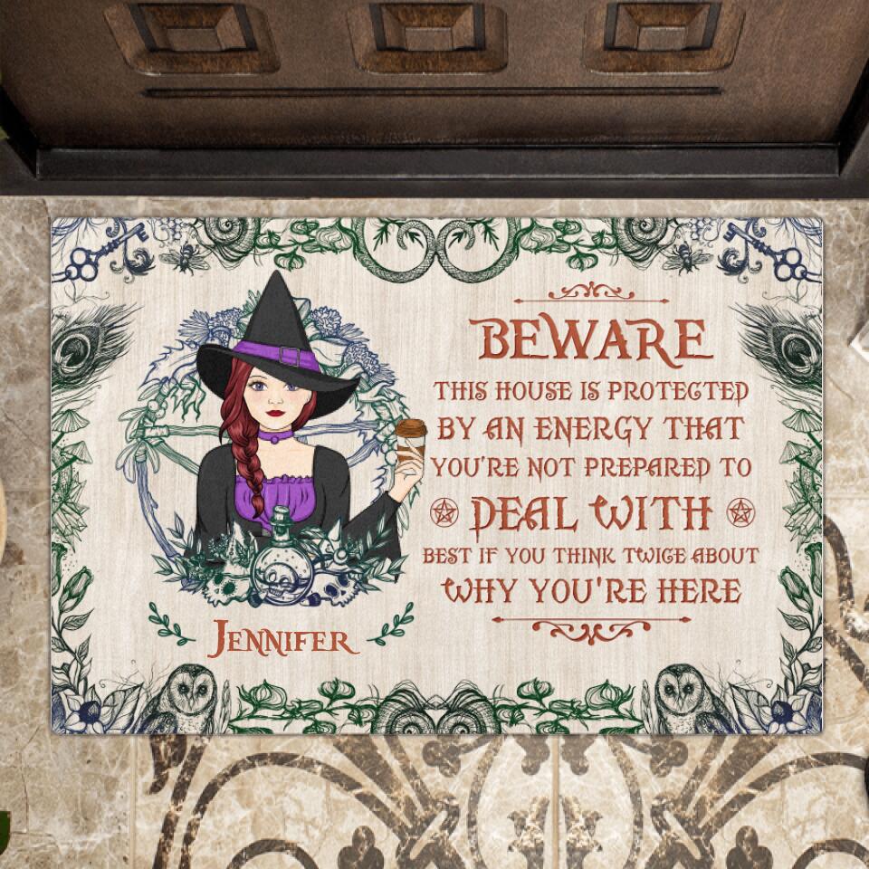 Custom Personalized Witch Doormat - Halloween Gift Idea - Beware This House Is Protected By An Energy That You're Not Prepared To Deal With