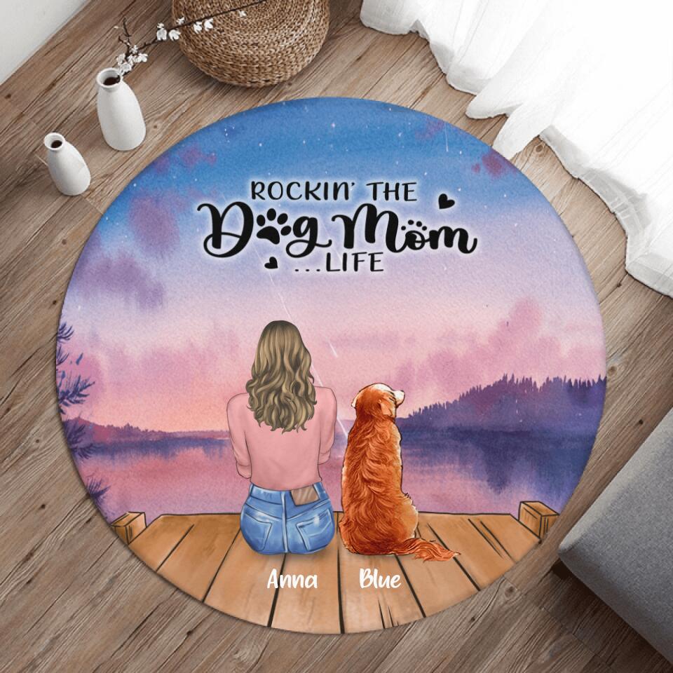 Personalized Dog Mom Foldable Round Rug - Up to 6 Dogs - Gift Idea For Dog Lover - Rockin' The Dog Mom Life