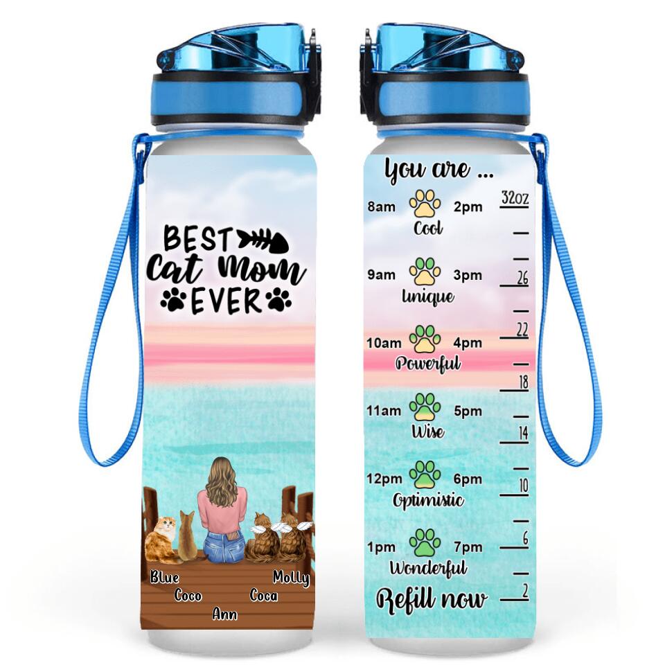 Personalized Cat Mom Water Tracker Bottle - Gift Idea For Cat Lovers - Up to 4 Cats - Best Cat Mom Ever