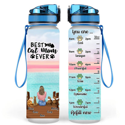 Personalized Cat Mom Water Tracker Bottle - Gift Idea For Cat Lovers - Up to 4 Cats - Best Cat Mom Ever