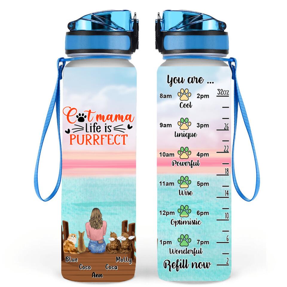 Personalized Cat Mom Water Tracker Bottle - Gift Idea For Cat Lovers - Up to 4 Cats - Cat Mama Life Is Purrfect