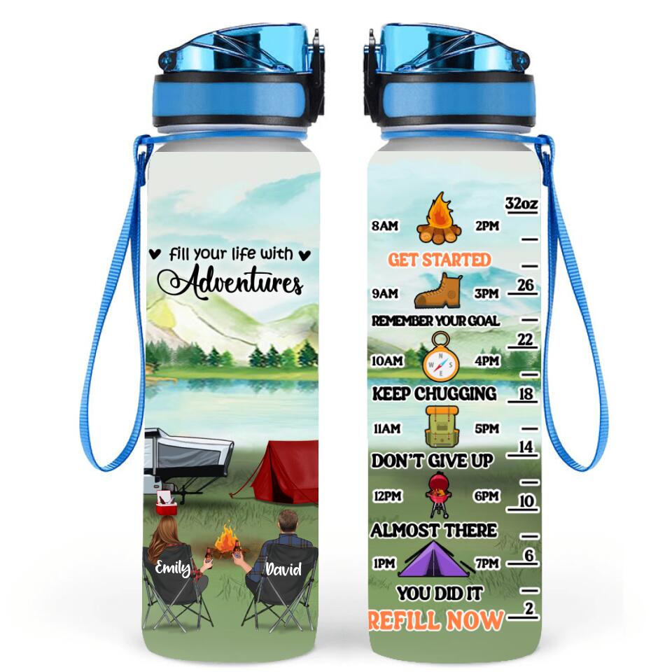 Personalized Camping Water Tracker Bottle - Adult/Couple/Parents With Up to 2 Kids And 3 Pets - Gift Idea For Camping Lover - Fill Your Life With Adventures