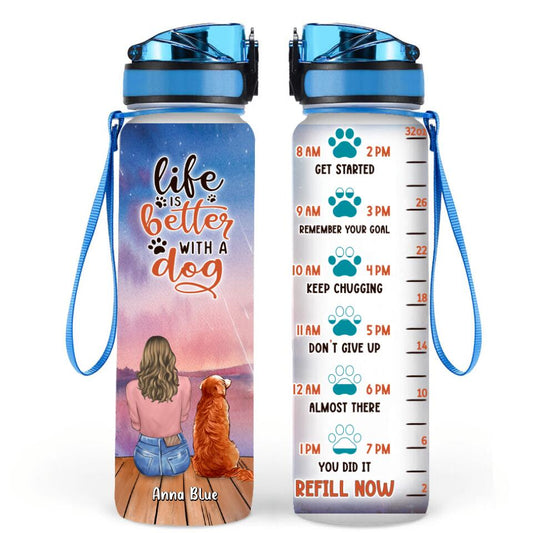 Personalized Dog Mom Water Tracker Bottle - Gift Idea For Dog Lovers with up to 4 Dogs - Life Is Better With A Dog