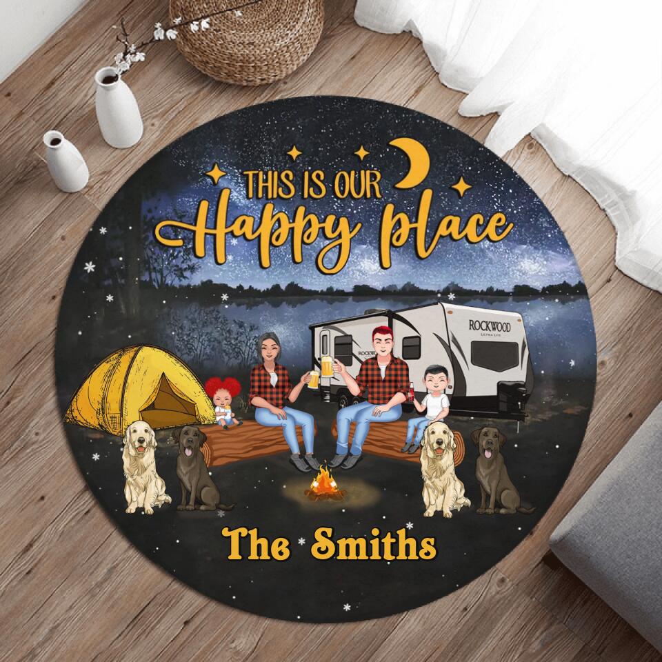 Personalized Camping Famiy Foldable Round Rug - Gift Idea For Family With Up To 2 Kids and 4 Dogs - This Is Our Happy Place