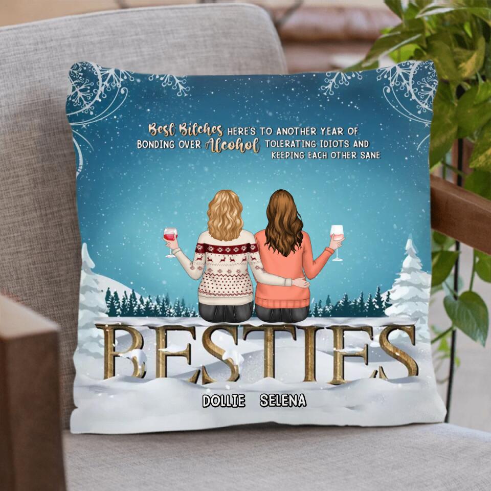 Personalized Besties Pillow Cover/Fleece Blanket/Quilt - Up to 5 Girls - Christmas Gift For Friends/Sisters/Besties - Here's To Another Year Of Bonding Over Alcohol