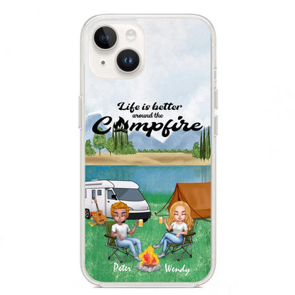 Personalized Camping Chibi Phone Case - Couple With Up to 2 Dogs - Gift Idea For Dog/Camping Lover - Life Is Better Around The Campfire - Case For iPhone And Samsung