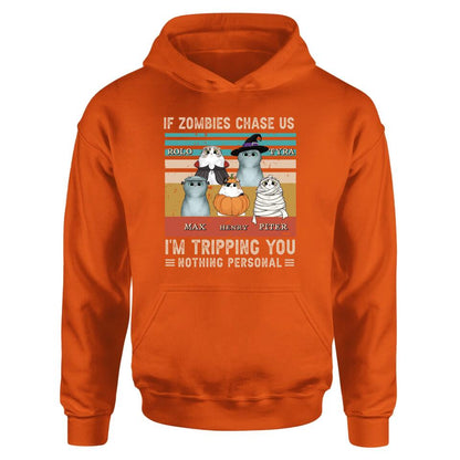 Custom Personalized Pet Halloween Vintage Style T-Shirt/Hoodie/Sweatshirt/Long Sleeve - Gift for Dog Lovers, Cat Lovers - Up to 5 Pets - If zombies chase us, I'm tripping you