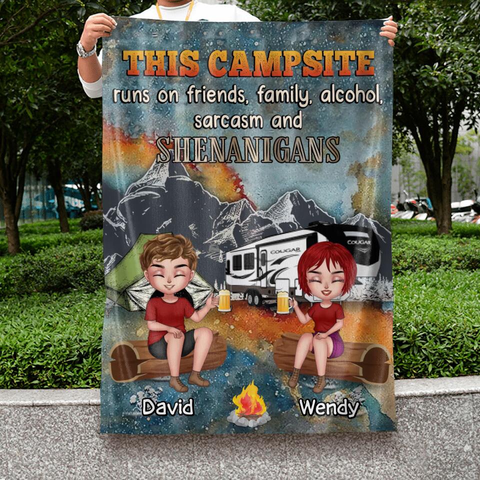 Personalized Camping Friends Flag Sign - Up to 6 People - Gift Idea For Friends/Camping Lovers - This Campsite Runs On Friends Family Alcohol Sarcasm And Shenanigans