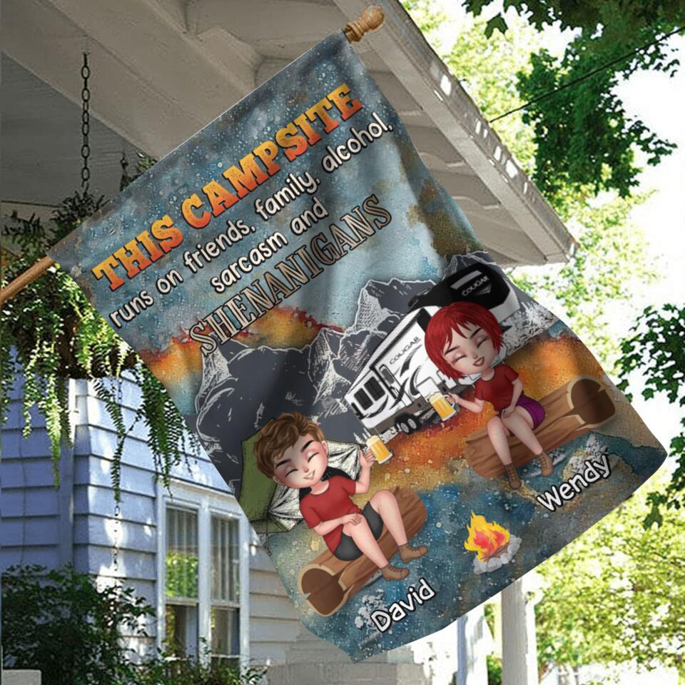 Personalized Camping Friends Flag Sign - Up to 6 People - Gift Idea For Friends/Camping Lovers - This Campsite Runs On Friends Family Alcohol Sarcasm And Shenanigans