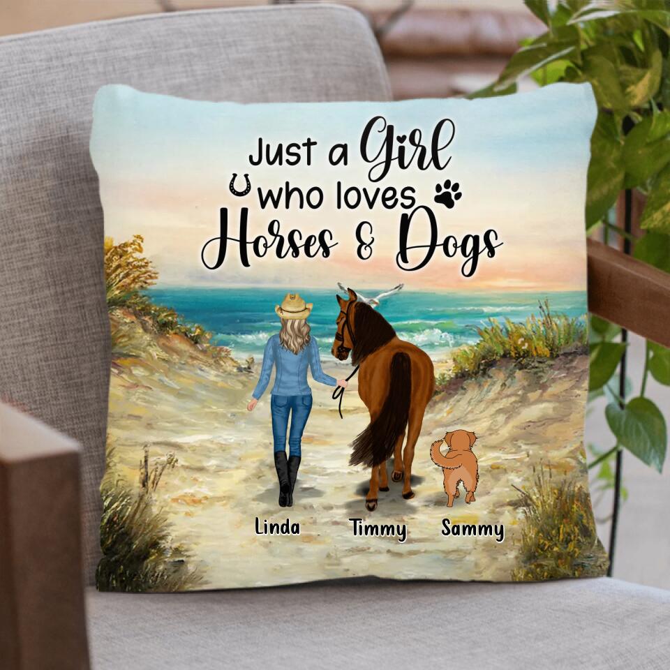Personalized Horse & Dog Pillow Cover - Gift Idea For Horse/Dog Lovers With Up To 2 Horses And 4 Dogs - Just A Girl Who Loves Horses & Dogs