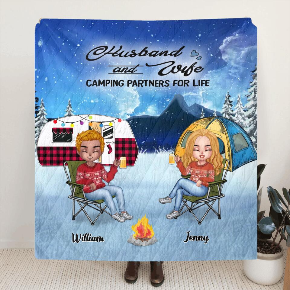 Personalized Camping Couple Xmas Fleece Blanket/Quilt - Christmas Gift For Couple/Camping Lover/Dog Lover- Up to 4 Dogs - Husband And Wife Camping Partners For Life