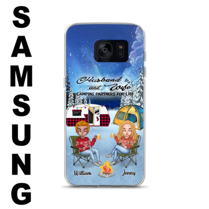 Personalized Camping Couple Xmas Phone Case - Christmas Gift For Couple/Camping Lover/ Dog Lover - Couple With Up to 4 Dogs - Husband And Wife Camping Partners For Life - Case For iPhone And Samsung