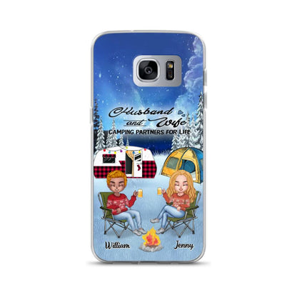 Personalized Camping Couple Xmas Phone Case - Christmas Gift For Couple/Camping Lover/ Dog Lover - Couple With Up to 4 Dogs - Husband And Wife Camping Partners For Life - Case For iPhone And Samsung