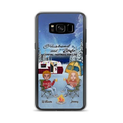 Personalized Camping Couple Xmas Phone Case - Christmas Gift For Couple/Camping Lover/ Dog Lover - Couple With Up to 4 Dogs - Husband And Wife Camping Partners For Life - Case For iPhone And Samsung