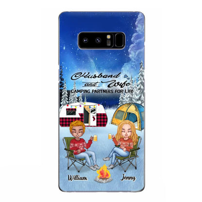 Personalized Camping Couple Xmas Phone Case - Christmas Gift For Couple/Camping Lover/ Dog Lover - Couple With Up to 4 Dogs - Husband And Wife Camping Partners For Life - Case For iPhone And Samsung