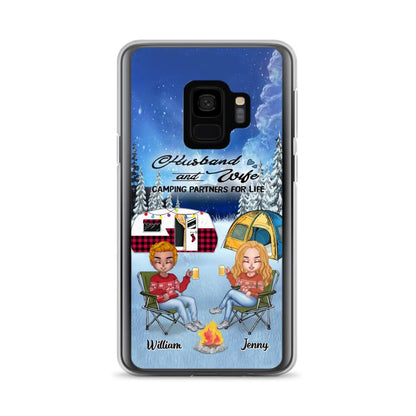 Personalized Camping Couple Xmas Phone Case - Christmas Gift For Couple/Camping Lover/ Dog Lover - Couple With Up to 4 Dogs - Husband And Wife Camping Partners For Life - Case For iPhone And Samsung