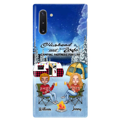 Personalized Camping Couple Xmas Phone Case - Christmas Gift For Couple/Camping Lover/ Dog Lover - Couple With Up to 4 Dogs - Husband And Wife Camping Partners For Life - Case For iPhone And Samsung