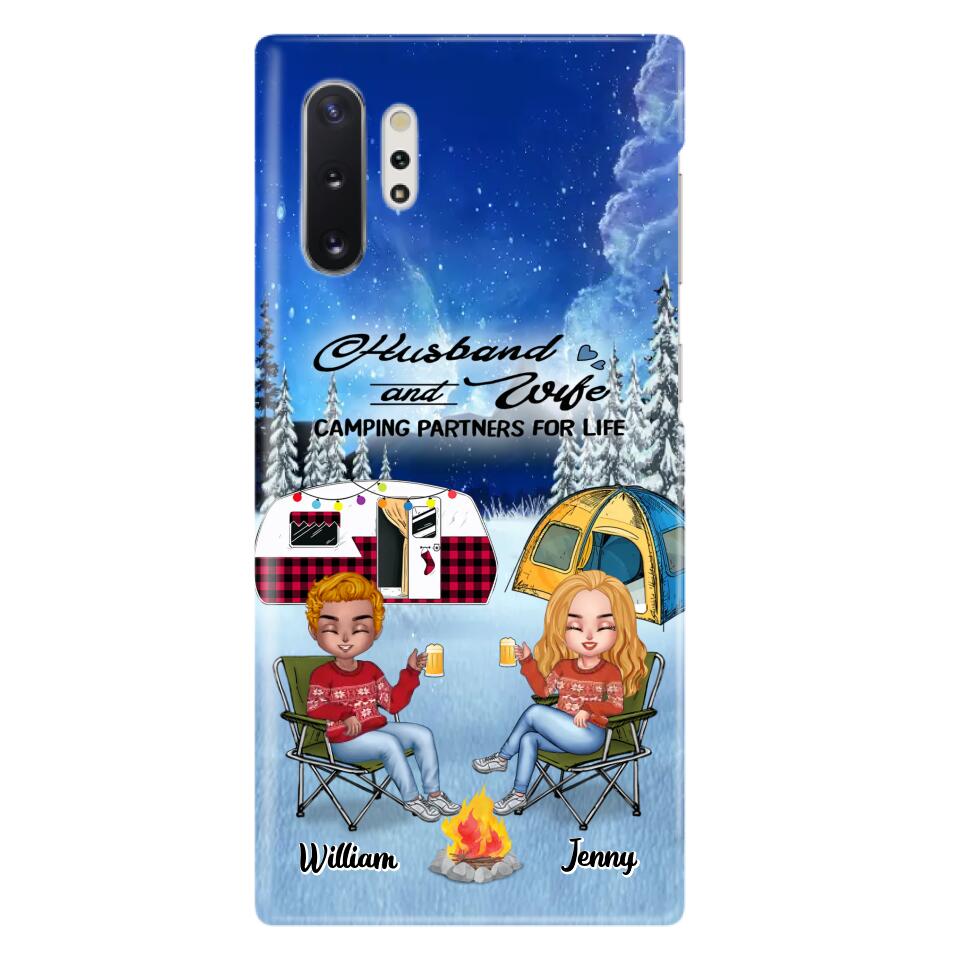 Personalized Camping Couple Xmas Phone Case - Christmas Gift For Couple/Camping Lover/ Dog Lover - Couple With Up to 4 Dogs - Husband And Wife Camping Partners For Life - Case For iPhone And Samsung