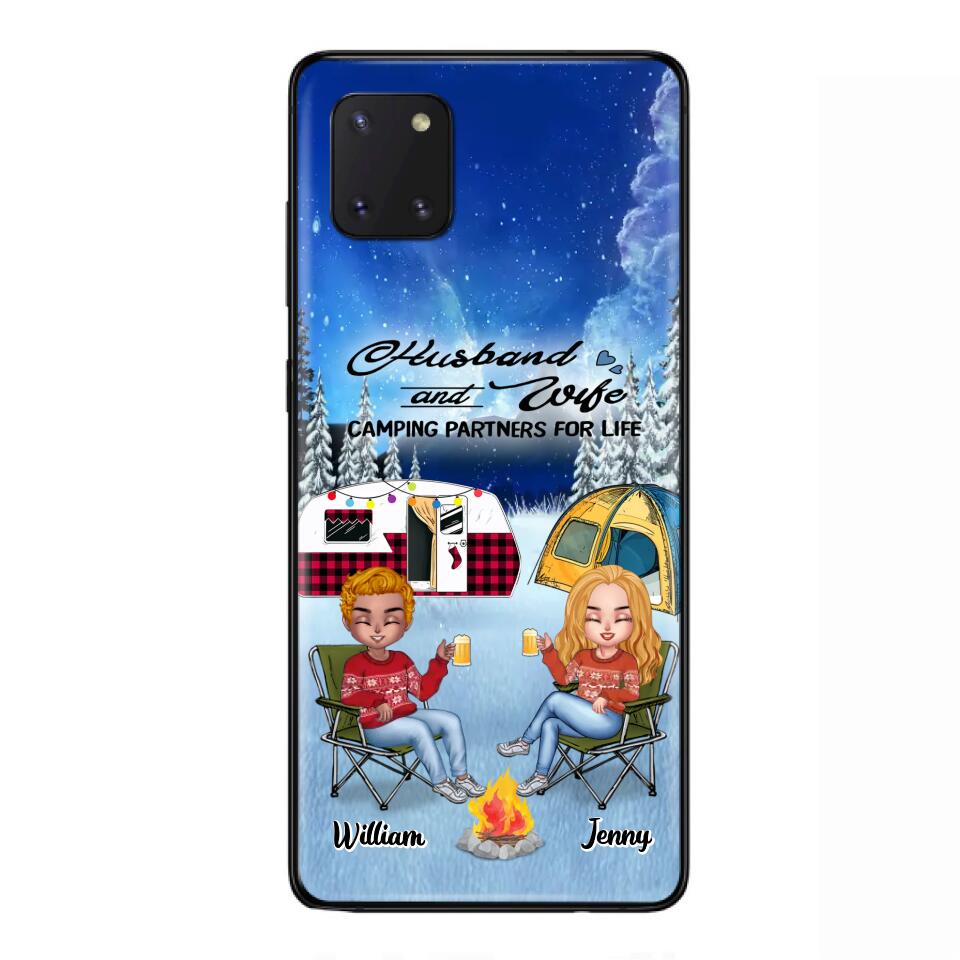Personalized Camping Couple Xmas Phone Case - Christmas Gift For Couple/Camping Lover/ Dog Lover - Couple With Up to 4 Dogs - Husband And Wife Camping Partners For Life - Case For iPhone And Samsung