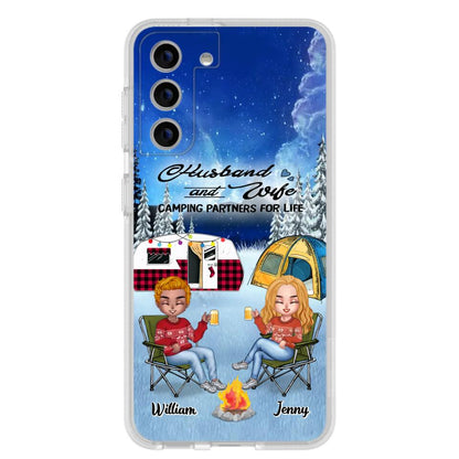 Personalized Camping Couple Xmas Phone Case - Christmas Gift For Couple/Camping Lover/ Dog Lover - Couple With Up to 4 Dogs - Husband And Wife Camping Partners For Life - Case For iPhone And Samsung