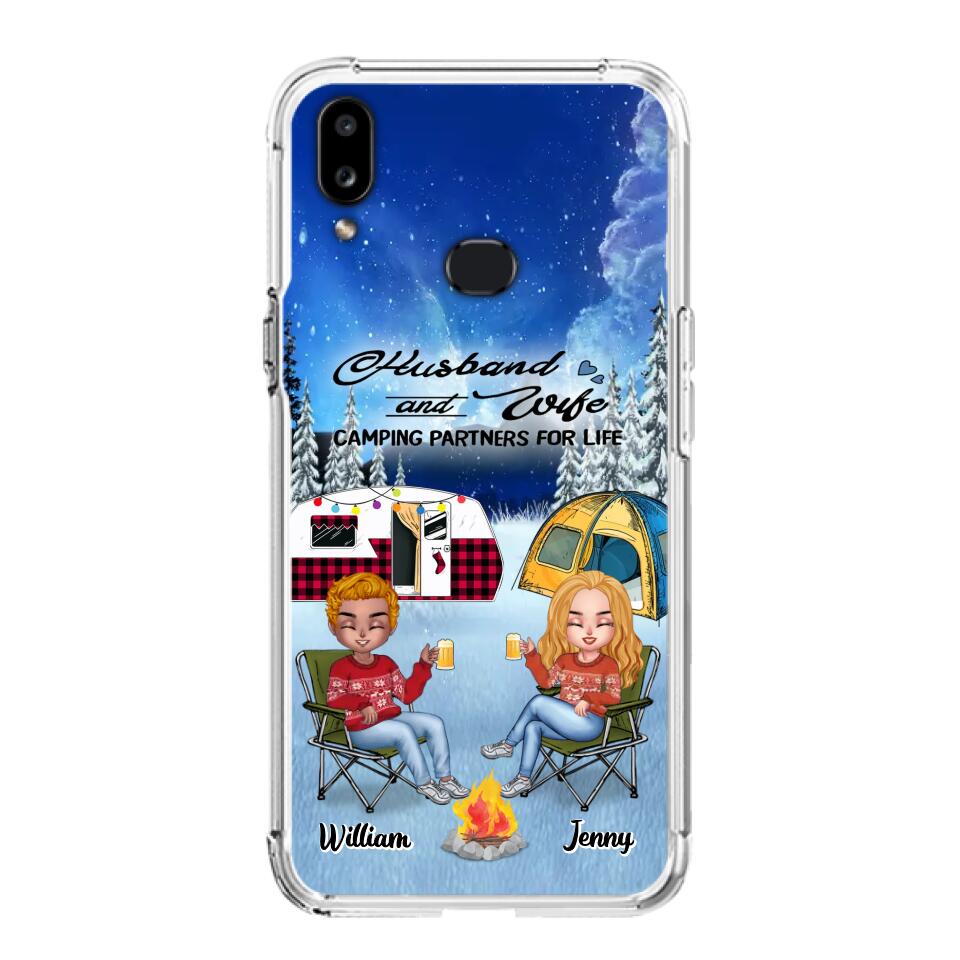 Personalized Camping Couple Xmas Phone Case - Christmas Gift For Couple/Camping Lover/ Dog Lover - Couple With Up to 4 Dogs - Husband And Wife Camping Partners For Life - Case For iPhone And Samsung