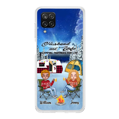 Personalized Camping Couple Xmas Phone Case - Christmas Gift For Couple/Camping Lover/ Dog Lover - Couple With Up to 4 Dogs - Husband And Wife Camping Partners For Life - Case For iPhone And Samsung