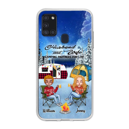 Personalized Camping Couple Xmas Phone Case - Christmas Gift For Couple/Camping Lover/ Dog Lover - Couple With Up to 4 Dogs - Husband And Wife Camping Partners For Life - Case For iPhone And Samsung