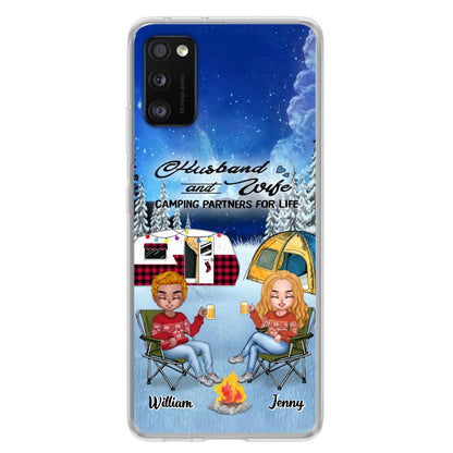 Personalized Camping Couple Xmas Phone Case - Christmas Gift For Couple/Camping Lover/ Dog Lover - Couple With Up to 4 Dogs - Husband And Wife Camping Partners For Life - Case For iPhone And Samsung